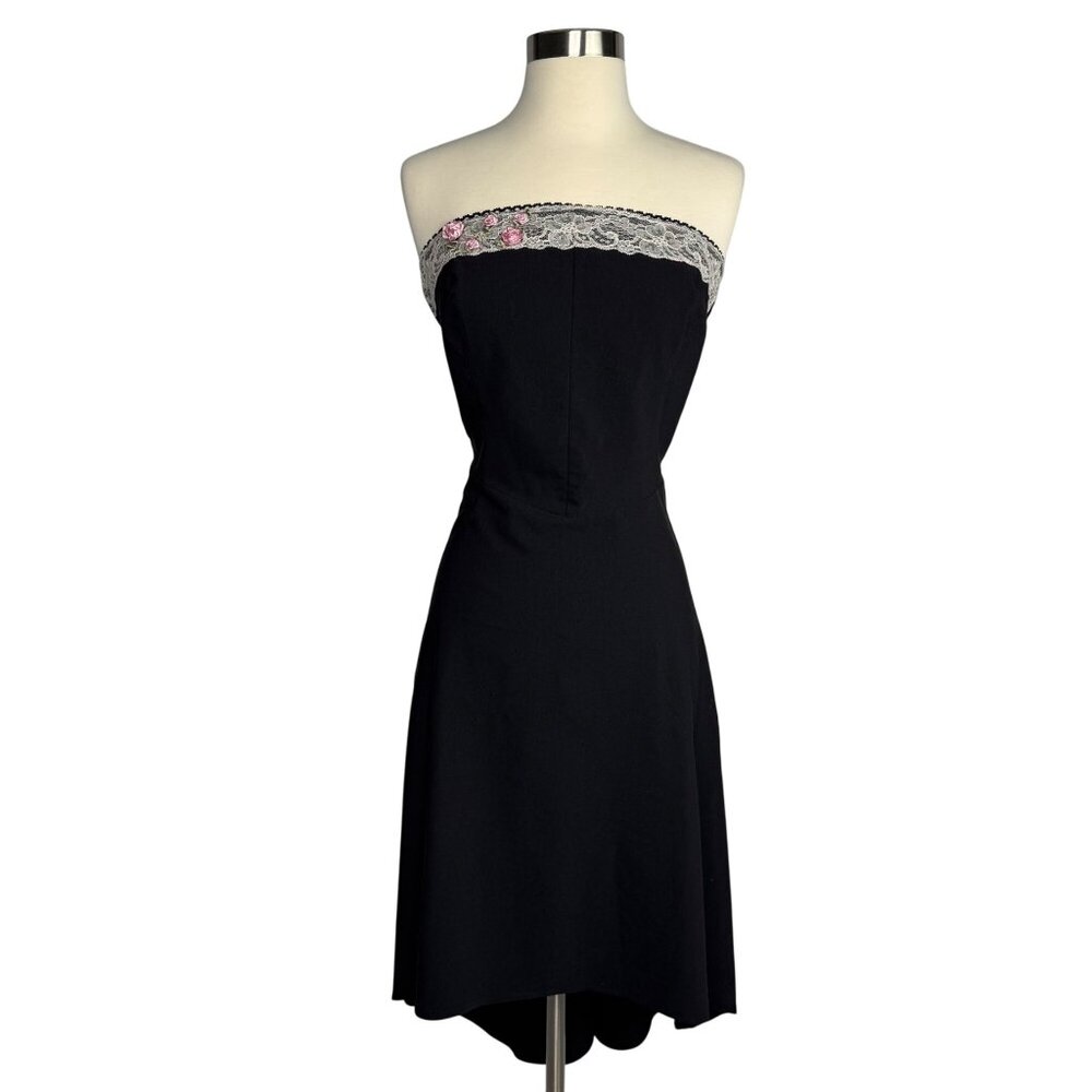 Vintage Y2K Whimsigoth Black Strapless Dress Lace Trim & Pink Floral Embroidery